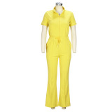 Women'S Spring Summer Short Sleeve Zip Top Bell Bottom Pants Casual Two-Piece Set