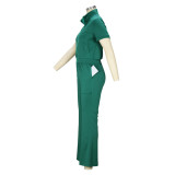 Women'S Spring Summer Short Sleeve Zip Top Bell Bottom Pants Casual Two-Piece Set