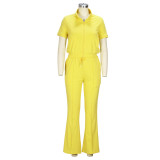 Women'S Spring Summer Short Sleeve Zip Top Bell Bottom Pants Casual Two-Piece Set