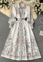Spring And Autumn Lantern Sleeves Turndown Collar Single-Breasted Button Printed Dress Women Slim Waist Swing Long Dress Spring And Autumn Lantern Sleeves Turndown Collar Single-Breasted Button Printed Dress Women Slim Waist Swing Long Dress