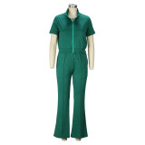 Women'S Spring Summer Short Sleeve Zip Top Bell Bottom Pants Casual Two-Piece Set