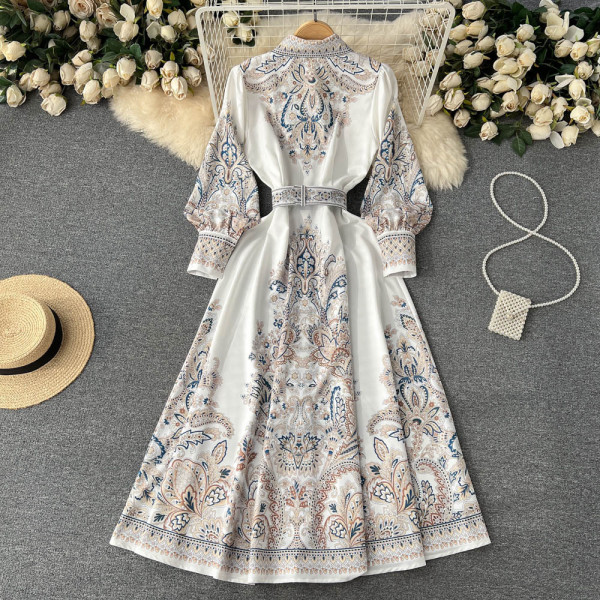 New Print Lantern Sleeve Slim Swing Dress