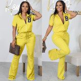 Women'S Spring Summer Short Sleeve Zip Top Bell Bottom Pants Casual Two-Piece Set