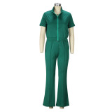 Women'S Spring Summer Short Sleeve Zip Top Bell Bottom Pants Casual Two-Piece Set