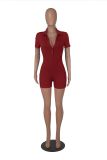 Women'S Solid Short Sleeve Turndown Collar Button Up Rib Tight Fitting Casual Jumpsuit