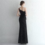 Women Sequined One Shoulder Strap Formal Party Slit Mermaid Evening Dress