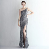 Women Sequined One Shoulder Strap Formal Party Slit Mermaid Evening Dress