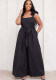 Women Solid Ruffle Edge Suspender Wide Leg Jumpsuit