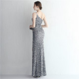 Women Sequined One Shoulder Strap Formal Party Slit Mermaid Evening Dress