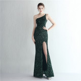 Women Sequined One Shoulder Strap Formal Party Slit Mermaid Evening Dress