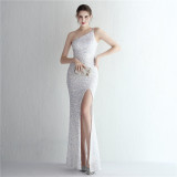 Women Sequined One Shoulder Strap Formal Party Slit Mermaid Evening Dress