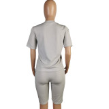Women Clothing Solid V-Neck Tshirt+Pocket Shorts Two-Piece Set