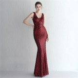 Women Iridescent Sequin Straps Deep v Formal Party Sequined Evening Dress
