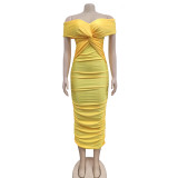 Women Solid Pleated Sleeveless Strapless Maxi Dress
