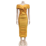 Women Solid Pleated Sleeveless Strapless Maxi Dress