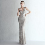 Women Iridescent Sequin Straps Deep v Formal Party Sequined Evening Dress