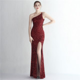 Women Sequined One Shoulder Strap Formal Party Slit Mermaid Evening Dress