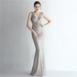 Women Iridescent Sequin Straps Deep v Formal Party Sequined Evening Dress