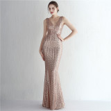 Women Iridescent Sequin Straps Deep v Formal Party Sequined Evening Dress