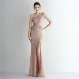 Women Sequined One Shoulder Strap Formal Party Slit Mermaid Evening Dress