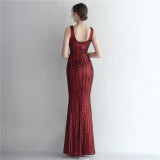 Women Iridescent Sequin Straps Deep v Formal Party Sequined Evening Dress