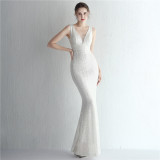 Women Iridescent Sequin Straps Deep v Formal Party Sequined Evening Dress
