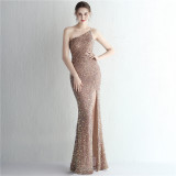 Women Sequined One Shoulder Strap Formal Party Slit Mermaid Evening Dress