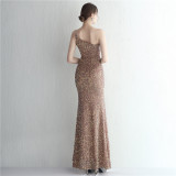 Women Sequined One Shoulder Strap Formal Party Slit Mermaid Evening Dress