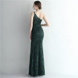 Women Sequined One Shoulder Strap Formal Party Slit Mermaid Evening Dress