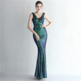 Women Iridescent Sequin Straps Deep v Formal Party Sequined Evening Dress