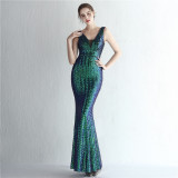 Women Iridescent Sequin Straps Deep v Formal Party Sequined Evening Dress