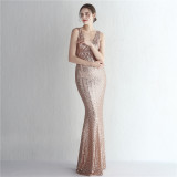 Women Iridescent Sequin Straps Deep v Formal Party Sequined Evening Dress