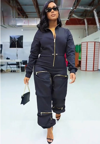 Women'S Slim Waist Metal Zipper Long Sleeve Casual Cargo Jumpsuit