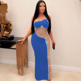 Sexy Pearl Beaded See-Through Mesh Patchwork Long Evening Dress