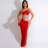 Sexy Pearl Beaded See-Through Mesh Patchwork Long Evening Dress