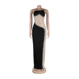 Sexy Pearl Beaded See-Through Mesh Patchwork Long Evening Dress