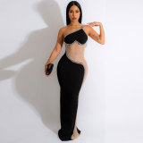 Sexy Pearl Beaded See-Through Mesh Patchwork Long Evening Dress