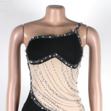 Sexy Pearl Beaded See-Through Mesh Patchwork Long Evening Dress