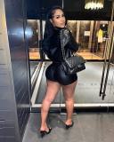 Women'S Summer Pu Leather Patchwork Button Tight Fitting Shirt Shorts Two-Piece Set