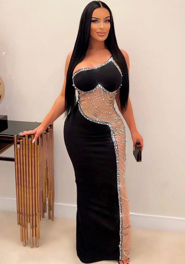Sexy Pearl Beaded See-Through Mesh Patchwork Long Evening Dress