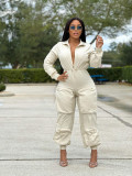 Women'S Slim Waist Metal Zipper Long Sleeve Casual Cargo Jumpsuit