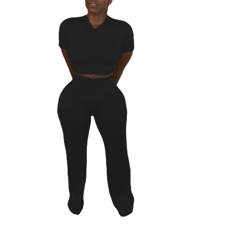 WomenPleat Short Sleeve Crop Top and Bell Bottom Pant Two-Piece Set