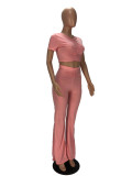 WomenPleat Short Sleeve Crop Top and Bell Bottom Pant Two-Piece Set