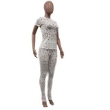 Women Stretch Ripped Round Neck Solid Top and Pant Two-Piece Set
