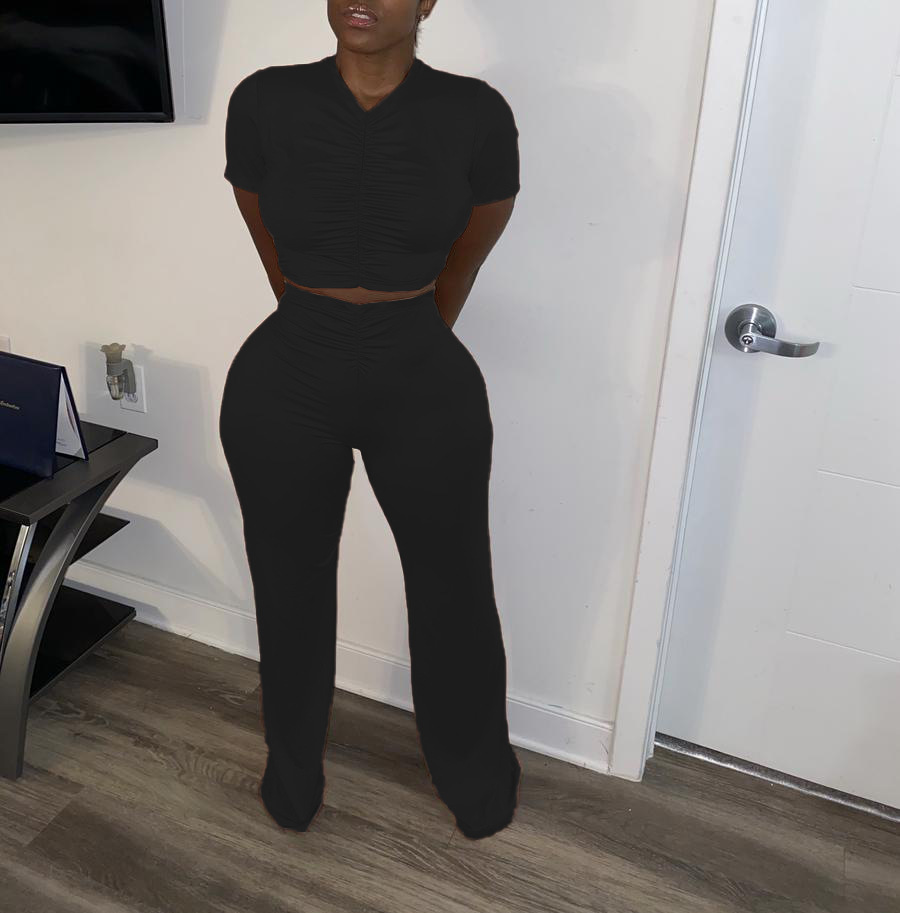 WomenPleat Short Sleeve Crop Top and Bell Bottom Pant Two-Piece Set