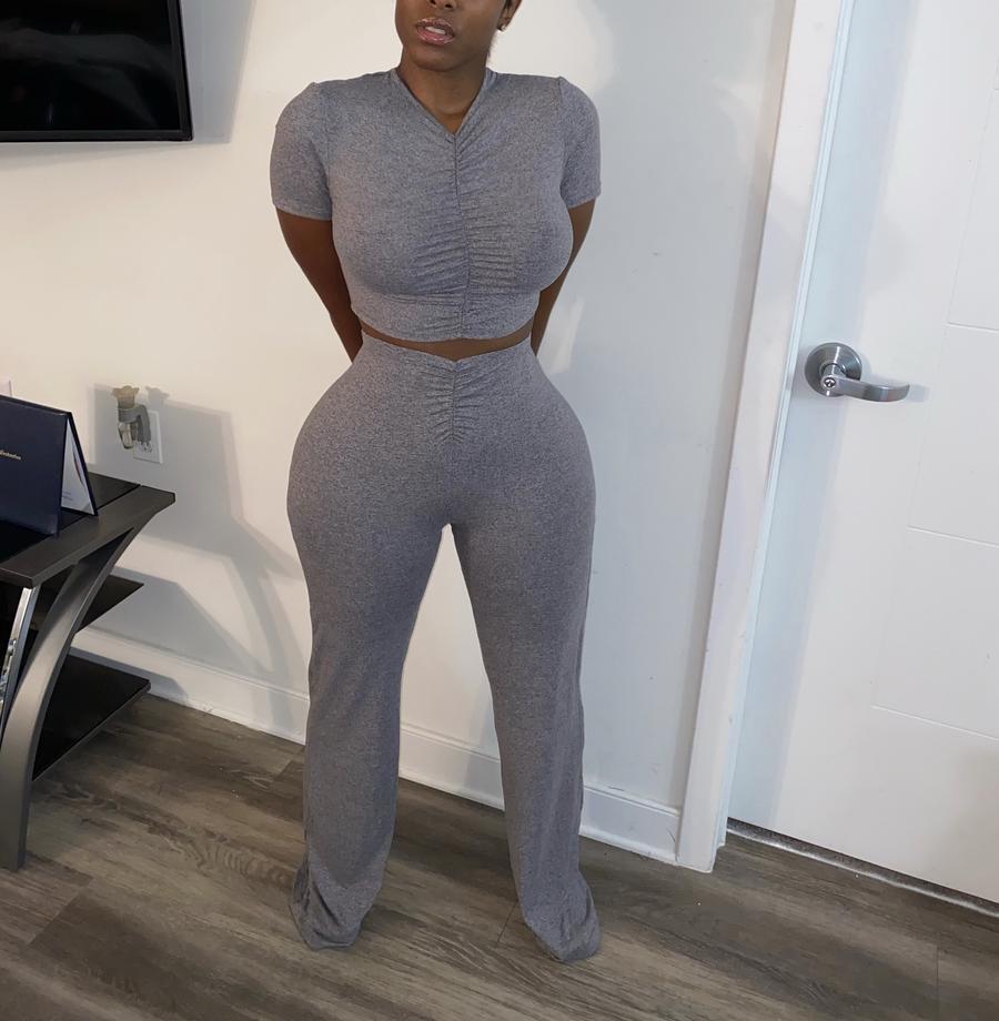 WomenPleat Short Sleeve Crop Top and Bell Bottom Pant Two-Piece Set