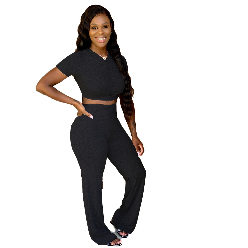 WomenPleat Short Sleeve Crop Top and Bell Bottom Pant Two-Piece Set