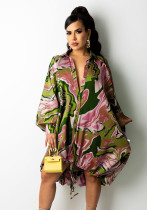 Ladies Printed Loose Drawstring Button Dress