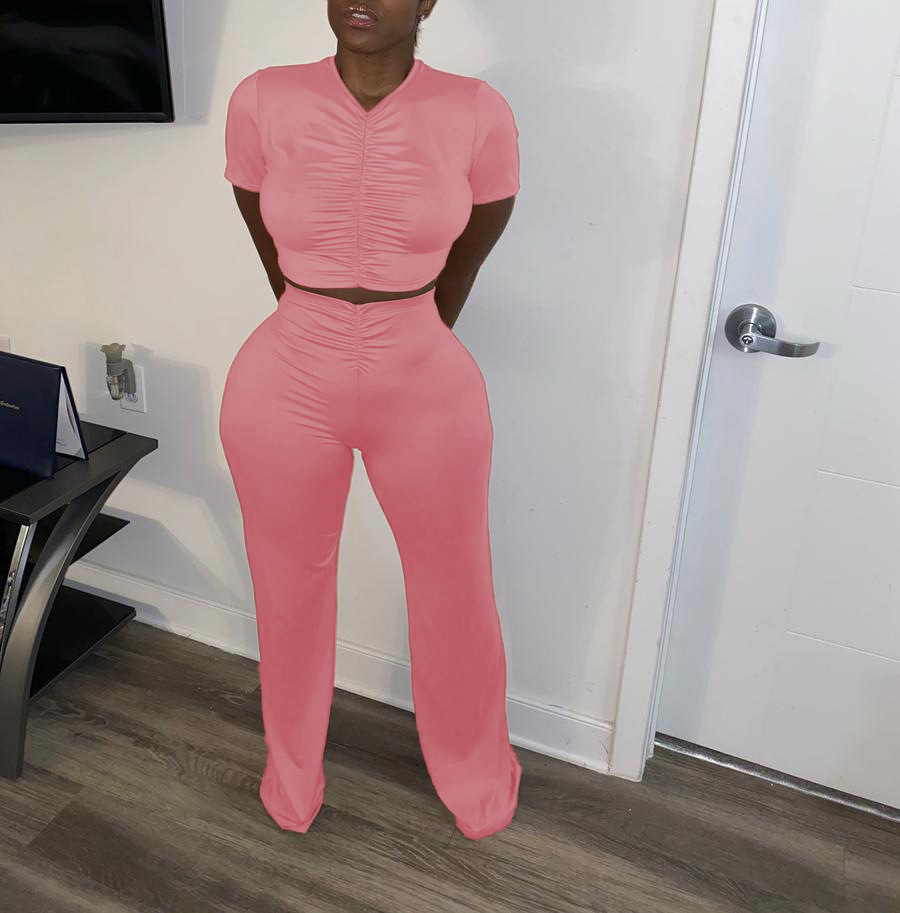 WomenPleat Short Sleeve Crop Top and Bell Bottom Pant Two-Piece Set