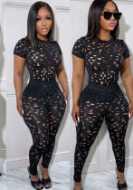 Women Stretch Ripped Round Neck Solid Top and Pant Two-Piece Set Women Stretch Ripped Round Neck Solid Top and Pant Two-Piece Set